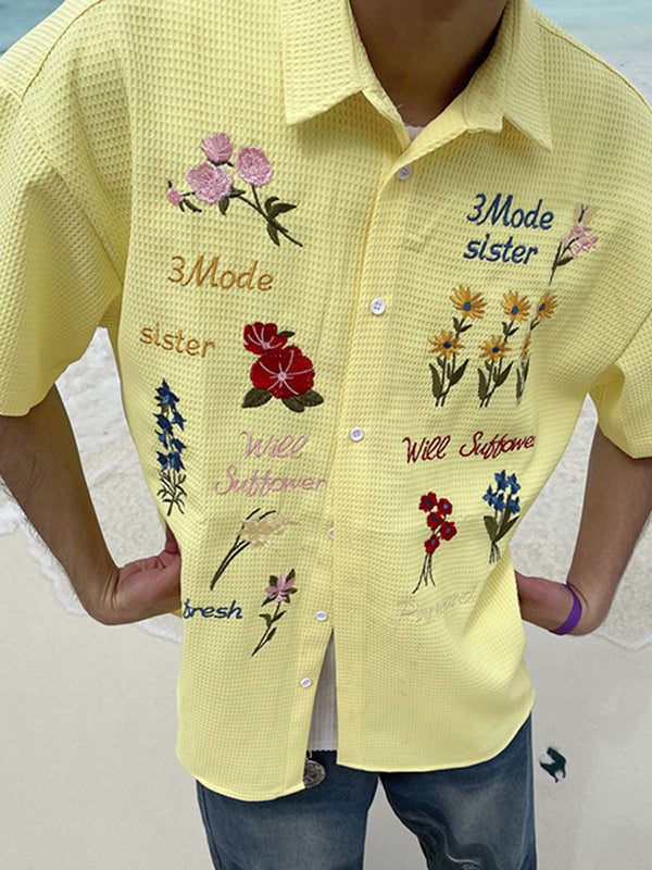 Mens Floral Print Lapel Collar Short Sleeve Shirt SKUK57166