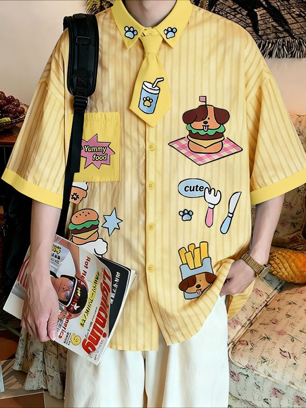 Men's Fun Print Striped Short Sleeve Shirt SKUL46148