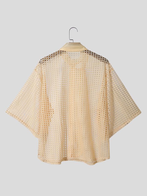 Men's Romantic Avant-Garde Hollow Out Mesh Tie Neck Half Sleeve Shirt SKUL70275