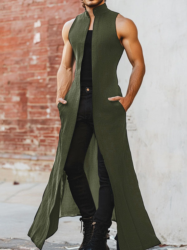 Mens Solid Color Stand Collar Sleeveless Long Cardigan SKUL05725