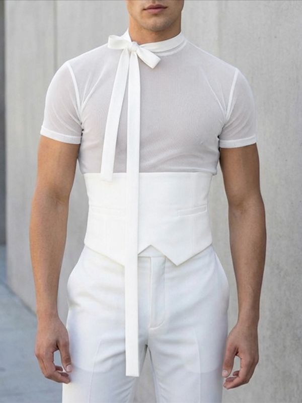 Men's Sheer Mesh Elongated Ribbon Tie Short Sleeve T-shirt SKUL56286