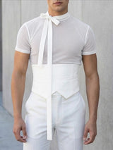 Men's Sheer Mesh Elongated Ribbon Tie Short Sleeve T-shirt SKUL56286