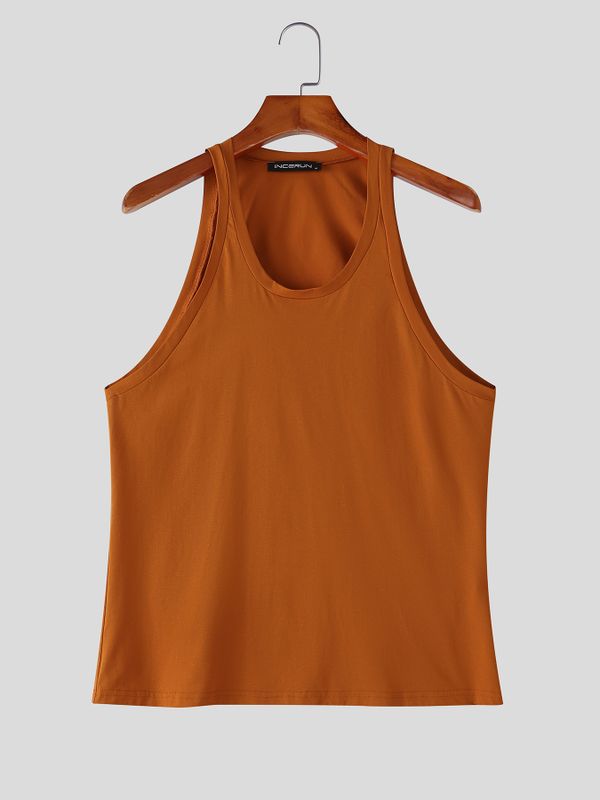 Men's Basic Athletic Muscle Fit Solid Color U-Neck Tank SKUL71395