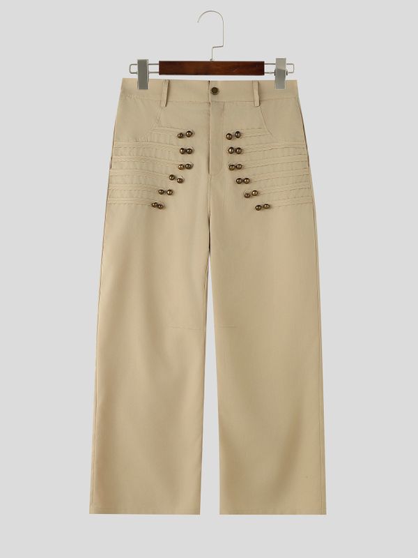 Men's Vintage Military Heavy Pintuck Double-Breasted Button High Waist Wide Leg Pant SKUL66968
