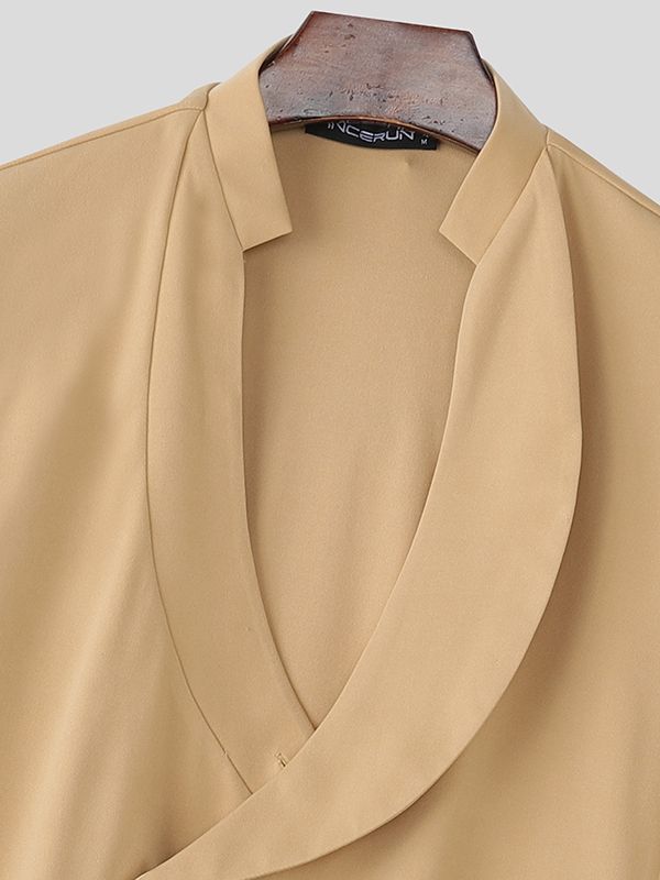 Men's Minimalist Asymmetrical Placket Deep V Neck Long Sleeve Shirt SKUL46281