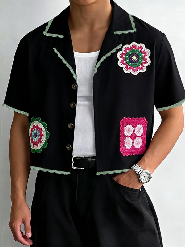 Men's Avant-Garde Crochet Floral Patchwork Scalloped Trim Cropped Camp Collar Shirt SKUL50754