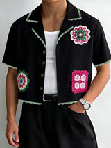 Men's Avant-Garde Crochet Floral Patchwork Scalloped Trim Cropped Camp Collar Shirt SKUL50754