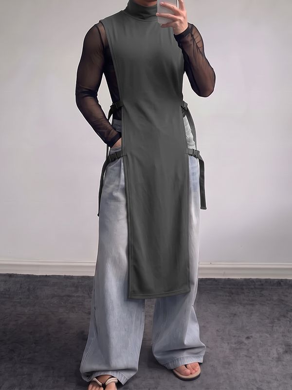 Men's Avant-Garde Darkwear Nightclub Party Side Buckle Strap High-Slit Long-Line Tank SKUL85220