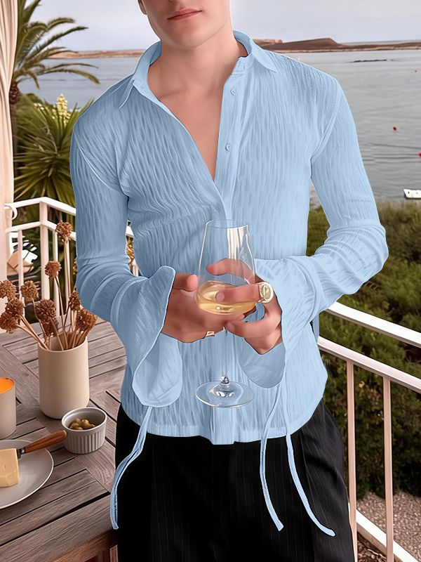 Men's Solid Color Textured Flared Sleeve Ribbon Shirt SKUL47938