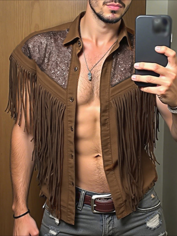 Men's Tassel Patchwork Short Sleeve Shirt SKUL25741