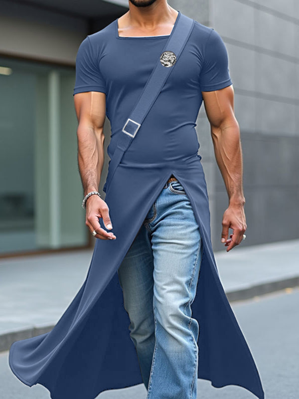 Men's Solid Color Long Split Hem Short Sleeve T-Shirt SKUL20253