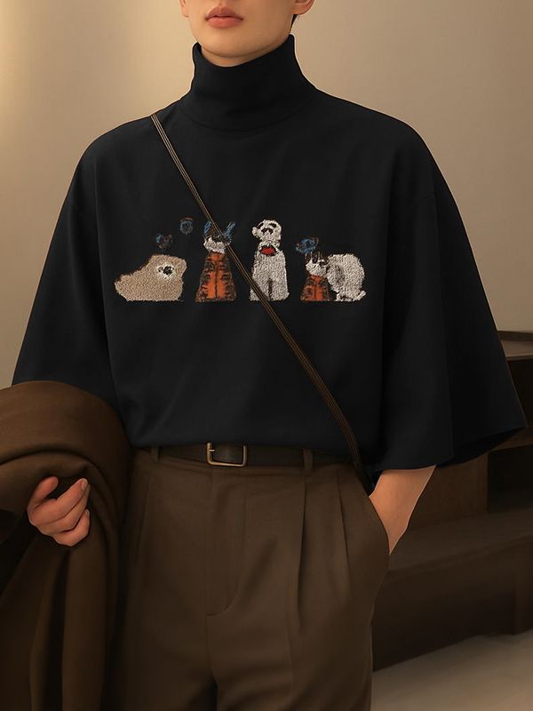 Men's Fun Embroidered High Neck T-Shirt SKUL39008