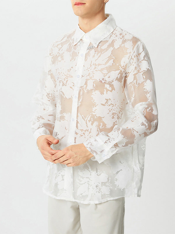 Mens Sheer Mesh See-Through Floral Flocking Shirt SKUJ36328