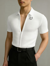 Men's Metal Ring Decor Textured Short Sleeve Shirt SKUL47997