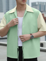 Men's Color Block Drawstring Patchwork Short Sleeve Shirt SKUL39357