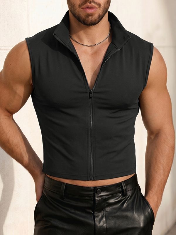 Men's Cyberpunk Techwear Mock Neck Full Zip Up Slim Fit Cropped Tank SKUL66209