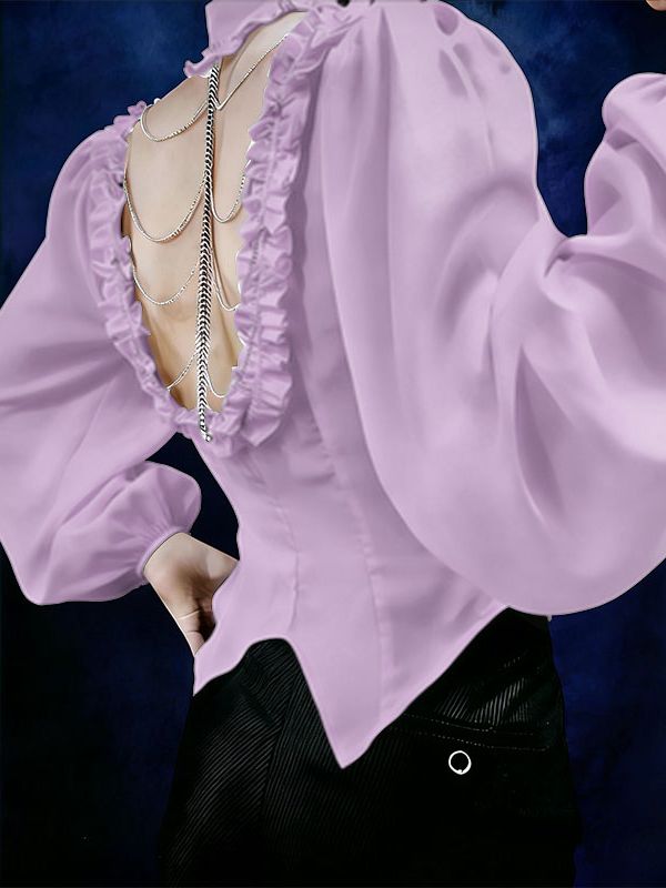 Men's Ruffle Patchwork Open Back Long Sleeve Shirt SKUL41298