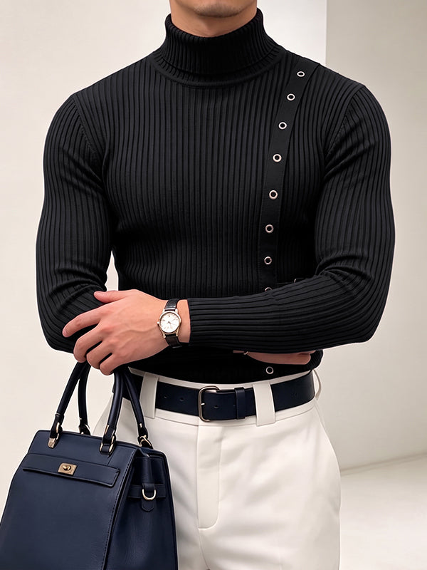Men's Early Autumn High Street Eyelet Trim Rib-Knit Fitted Long Sleeve Roll Neck Sweater SKUL81071
