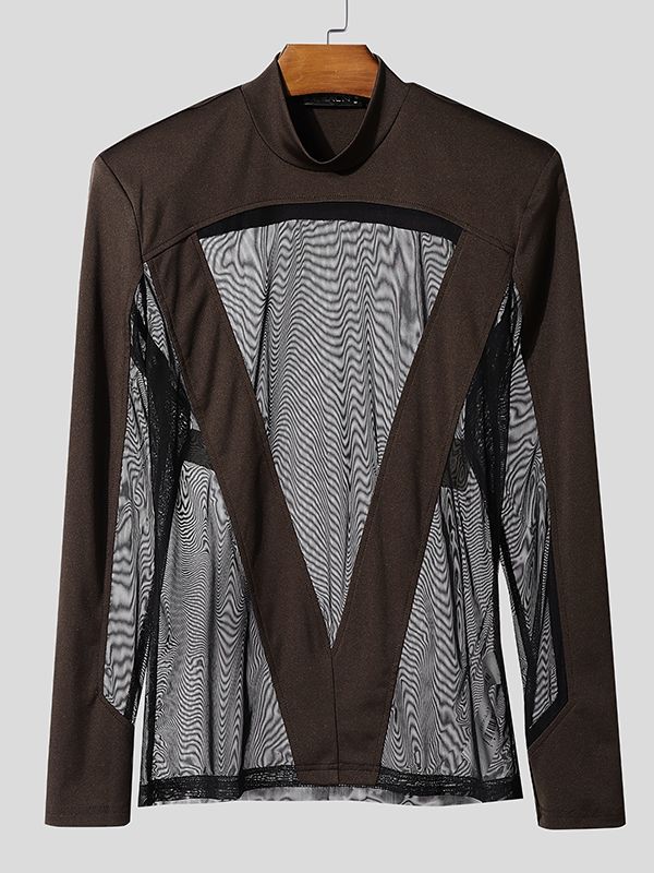 Men's Sheer Mesh Patchwork Long Sleeve T-shirt SKUL48681