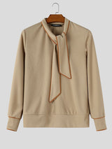 Men's Early Autumn Retro Contrast Trim Ribbon Neck Long Sleeve High Neck Pullover SKUL81061