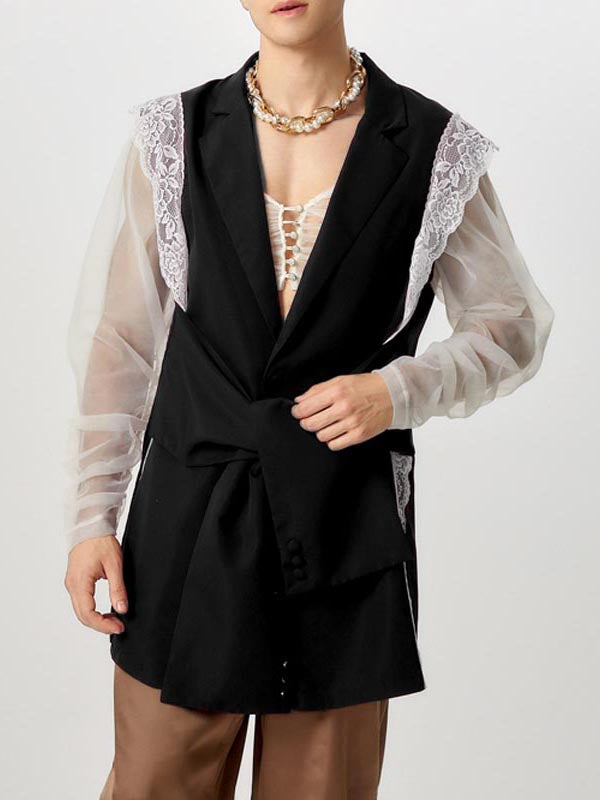 Mens Lace Patchwork Sleeveless Blazer SKUK83489