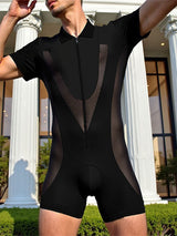 Men's Sheer Mesh Patchwork Zip Short Sleeve Bodysuit SKUL20261