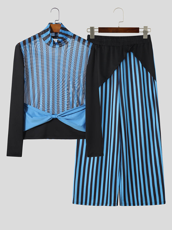 Men's Contrast Stripe Sheer Mesh Two Pieces Outfit SKUL25997