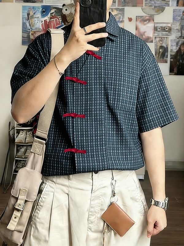 Men's Plaid Color Block Asymmetric Short Sleeve Shirt SKUL57119