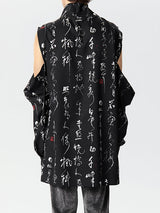 Mens Chinese Calligraphy Print Cutout Sleeve Shirt SKUK43010