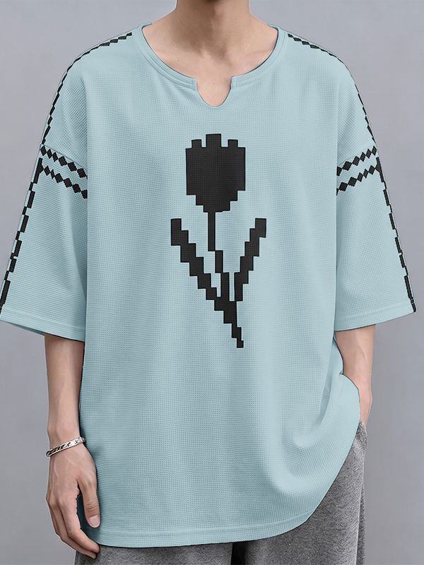 Men's High Street Retro Pixel Art Tulip Graphic Notch Neck Relaxed Knit T-shirt SKUL62117