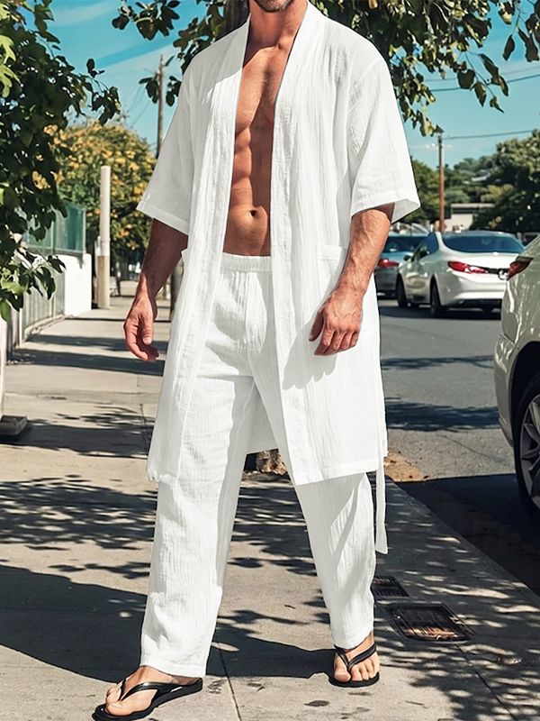 Men's Bohemian Relaxed Vibe Open-Front Mid-Length Two Pieces Outfit SKUL71418