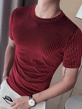 Mens Velvet Striped Round Neck Casual T-shirts SKUI87788