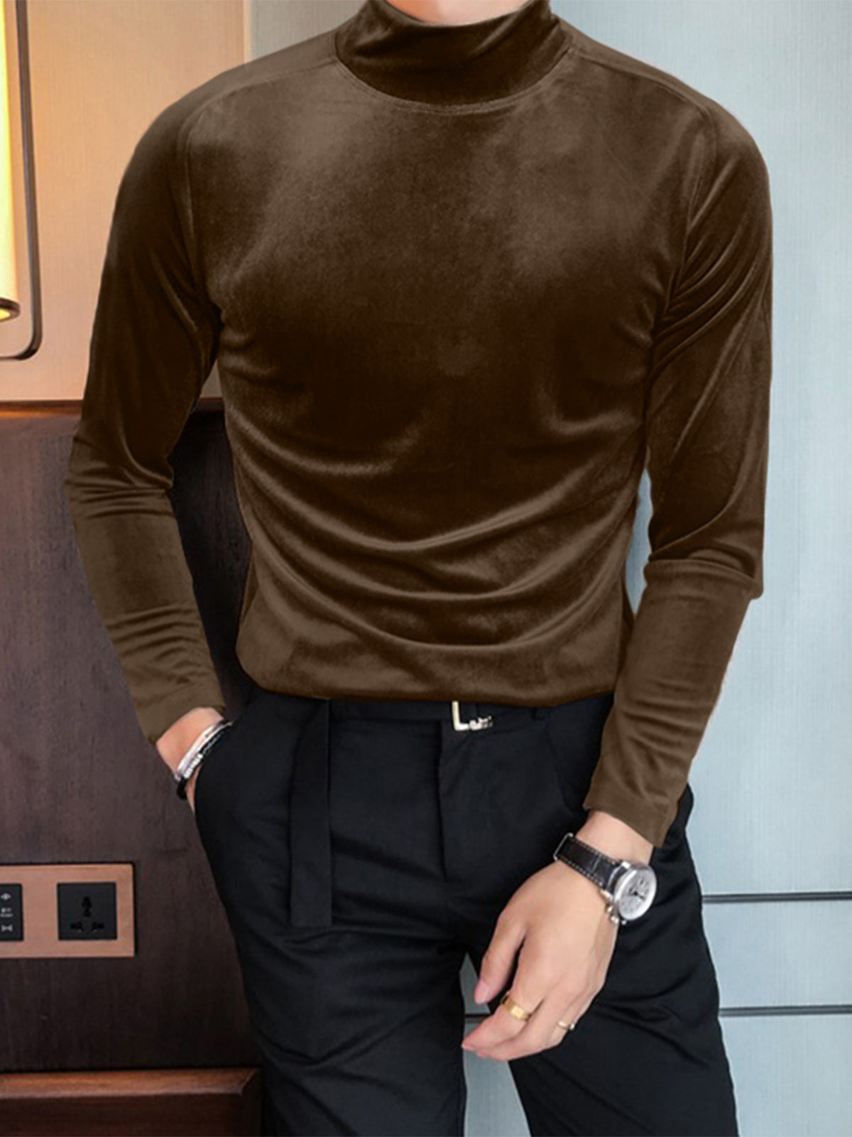 Mens High-neck Velvet Casual Long-sleeved T-Shirt SKUI46341