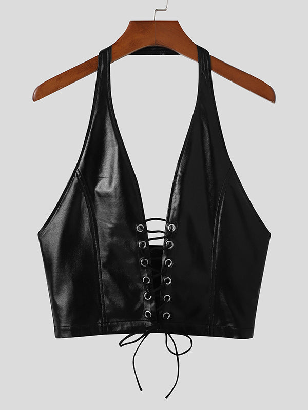 Mens Halter PU Leather Cross Straps Vest SKUI94985