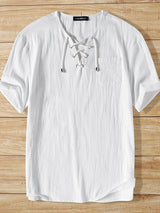 Mens Eyelet Drawstring Casual Short-sleeved Shirts SKUI90676