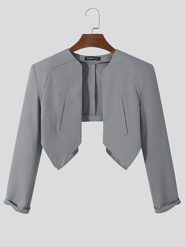 Mens Japan Solid Long Sleeve Crop Blazer SKUJ89314