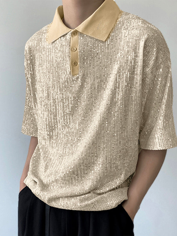 Mens Sequin Sparkle Glitter Patchwork Polo Shirt SKUJ37726