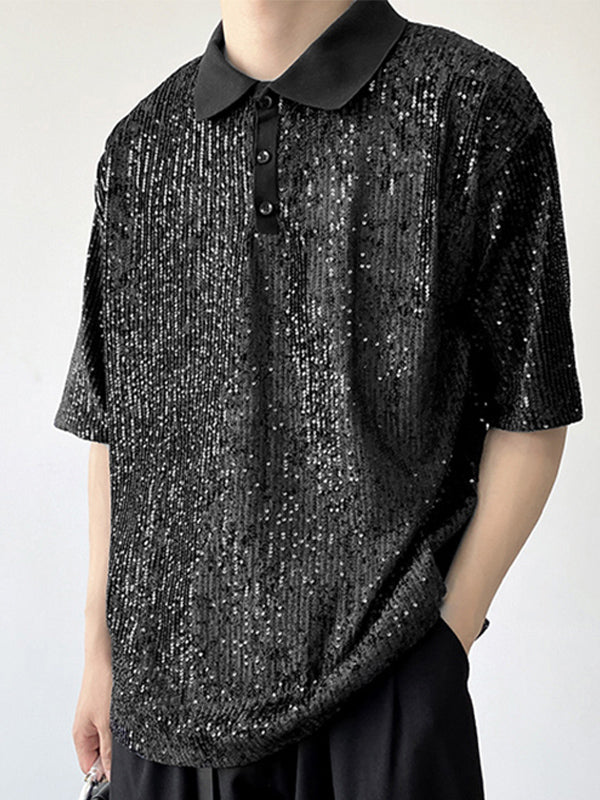 Mens Sequin Sparkle Glitter Patchwork Polo Shirt SKUJ37726