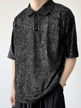 Mens Sequin Sparkle Glitter Patchwork Polo Shirt SKUJ37726