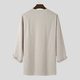 Mens V-Neck Linen Long Sleeve T-Shirts SKUF72896