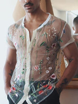 Mens Sexy Floral Mesh Short Sleeve Shirts SKUH00565