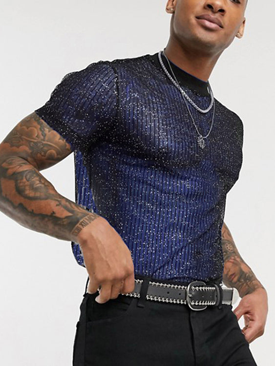 Mens Striped Mesh See Through T-Shirts SKUE87900