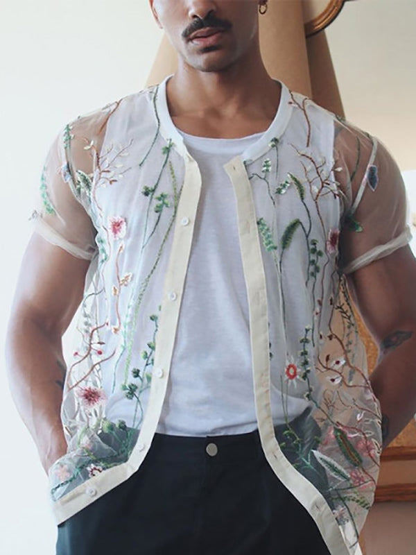 Mens Sexy Floral Mesh Short Sleeve Shirts SKUH00565